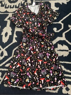 Girls Black Mushroom-Print Wrap Dress with Tie Waist